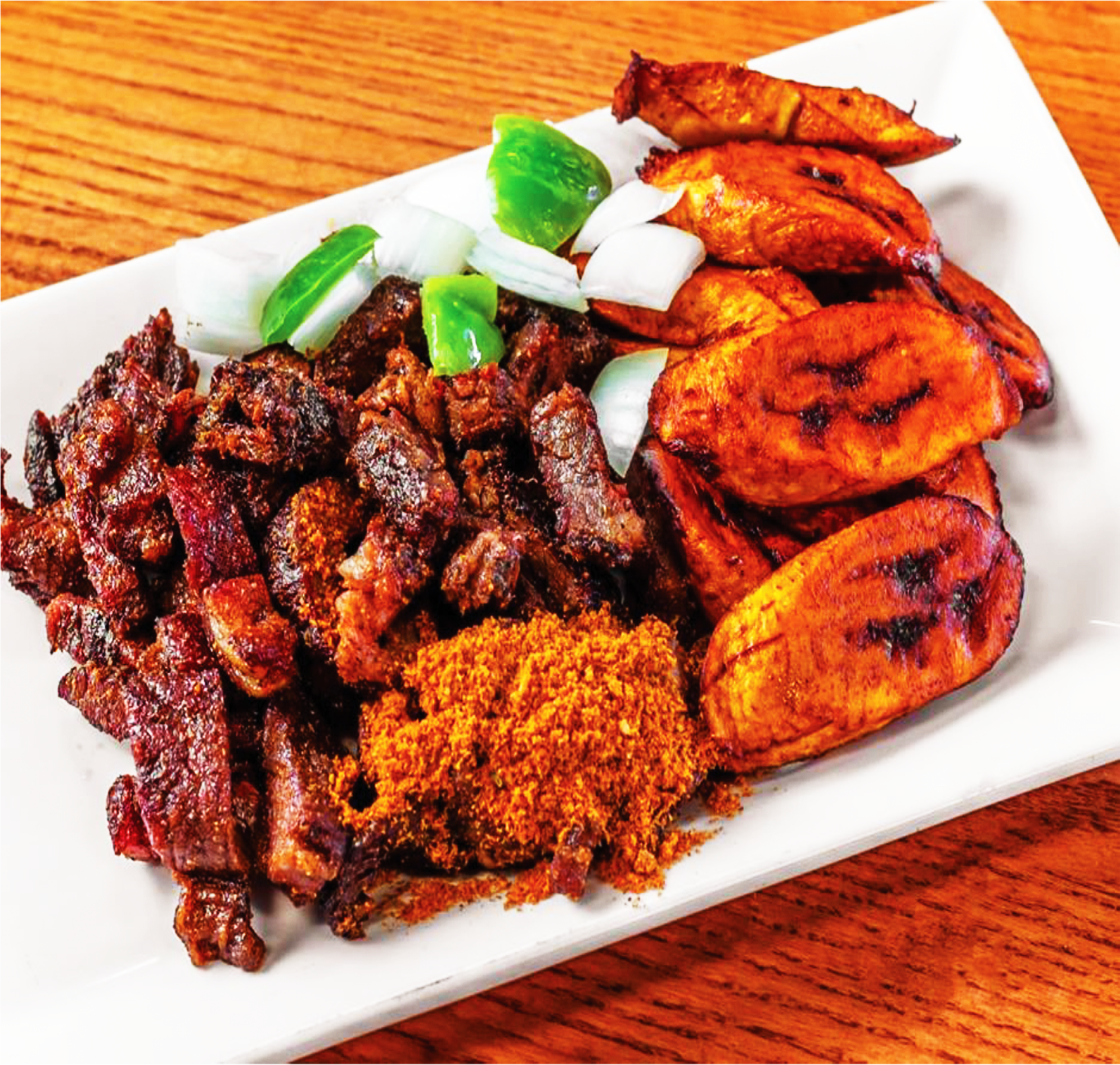 Suya meat with Jollof Rice1 Suya-Spiced Grilled Meat with Fried Plantains