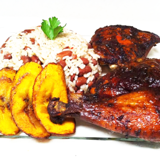 jerk chicken or bbq, plantains with rice and peas